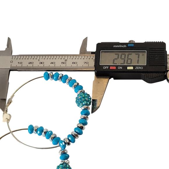 Large Blue Beaded Hoop Earrings 3" Silver Tone Rhinestone Accent Pierced Trendy - Picture 6 of 7